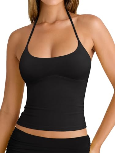REORIA Women's Sexy Halter Open Back Double Lined Cami Shirt Going Out Y2k Trendy Sleeveless Yoga Crop Tops Clothes for Teen Girls Night Out Black X-Small