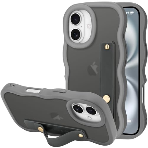 LLZ.COQUE for iPhone 16 Case, Curly Wave Frame with Adjustable Hand Strap Stand Phone Case, Translucent Matte Back Anti-scratch Shockproof Bumper Cover for iPhone 16, Grey
