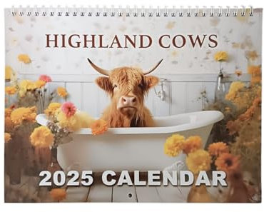 2025 Highland Cows Månatlig Väggkalender | 2Highland Cows I Badkar Kalender | Roliga djur Månatlig Väggkalender Highland Cows Farm Kalender, Snygg Djurkalender för Hem