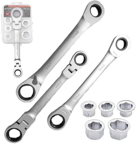 Chiave a cricchetto 7 in 1 – 180°, flessibile, doppia chiave ad anello a cricchetto, 8 mm, 10 mm, 12 mm, 13 mm, 14 mm, 17 mm, 19 mm, CV-R, chiave a cricchetto ad anello, resistente all'abrasione