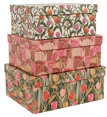 MIZFRUZZY 3-Piece Decorative Storage Boxes with Lids, Tulip Design, Vintage Floral, Cardboard Paperboard Keepsake box Set, Photo Storage Box for Memory, Home Decor, Modern Decoration Organizer