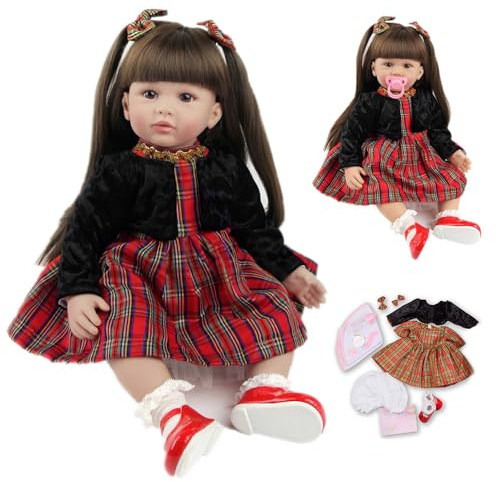 LKBOBIR Reborn Puppe Lebensecht 60 cm Silikon Wie Echt Realistisch Newborn Baby Puppe Echte Babypuppe Reborn Baby Rote Schuhe Realistische Puppe mit Plaid-Kleid und Zubehör