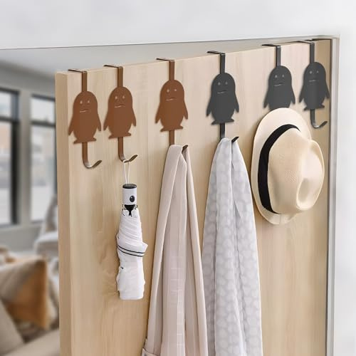 EOFJRUC Türhaken, Pinguin-Form, Metall-Türhänger – 6 Stück (3 braune und 3 schwarze) – Tür-Organizer-Haken für Küche und Badezimmer