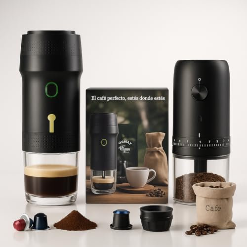 Set caffettiera portatile capsule + macinino da caffè elettrico con batteria ricaricabile + borsa da trasporto impermeabile | compatibile con capsule Nespresso, Dolce Gusto e caffè macinato |