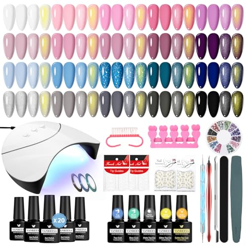 VANREESA 20 Colours Kit Vernis Semi Permanent, 25Pcs Kit Ongle Gel UV Complet avec Base Top Mat Pailleté Coat et Lampe LED 36W U V et Outils de Manucure, Set Manucure pour Débutants