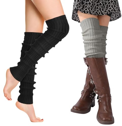 dusaniyali 2 Paar Gestrickte Beinwärmer für Damen Mädchen Warme Stulpen Damen Leg Warmers Y2K Langer Beinstulpen,Weich Bequem Elastische Beinwärmer(Grau und Schwarz)