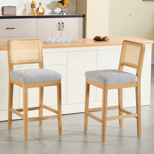 DAYALANE Barhocker 2er Set, Barstühle Küchenstühle mit Rattan Rückenlehne, Hochstuhl mit Holzbeinen aus Leinen, Moderner Bar Stool für Theke Küche Bistro Café Esszimmer, Grau