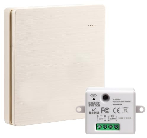 Kit Interrupteur Sans Fil avec Télécommande à Piles par Énergie Cinétique, Récepteur Mini Taille 433MHz Portée 200M Va-et-Vient Commande Murale ON/OFF pour Éclairage