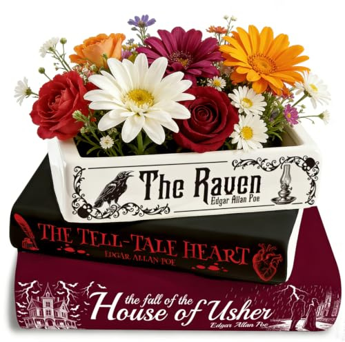 GLASSWINDS Small Book-Shaped Ceramic Planter for Flowers, Gothic Vase for Bookshelf Home Office Decor, Unique Decorative Gifts for Book Lovers, Edgar Allan Poe,The Raven
