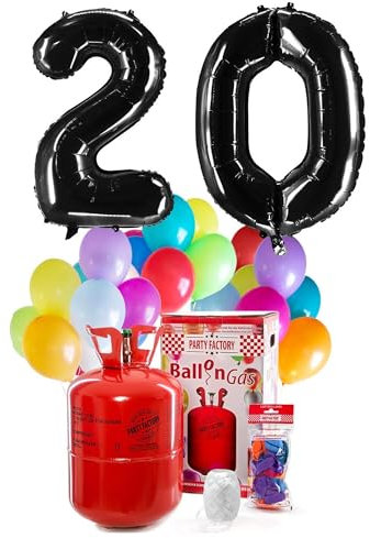 Party Factory – Helium Gasflasche 400L Komplett Set mit XXL Zahlenballon 20 Schwarz – Partydeko Ballongas Flasche mit Folienballon, 30 Latexballons & 40m Ballonschnur – Für Geburtstage & Feiern