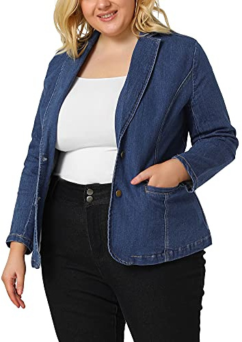 Agnes Orinda Women's Plus Size Denim Jackets Elegant Lapel Work Jean Blazer Jacket 2025 4X Sky Blue