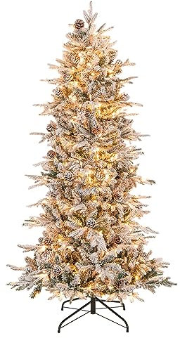 COSTWAY 6 FT Pre-lit Artificial Christmas Tree, Flocked Hinged Xmas Tree with 715 Branch Tips, 36 Natural Pine Cones and 210 Warm White Incandescent Lights, Holiday Celebration Tree