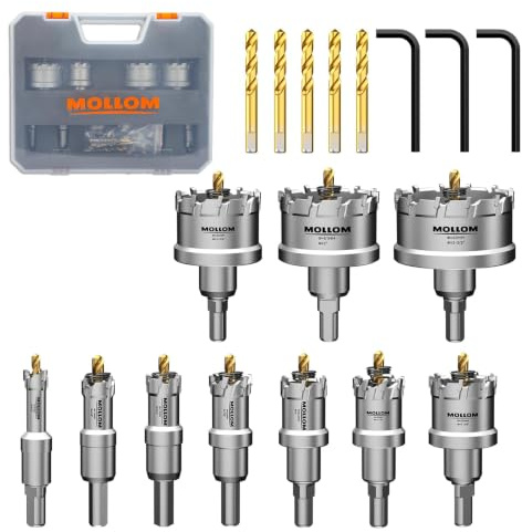 Mollom TCT Hartmetall-Lochsägen-Set für Hartmetall, Lochschneider mit 5 zusätzlichen Zentrierbohrern und 3 Sechskantschlüssel für Edelstahl, Eisen, Aluminium, Legierung, Metall.