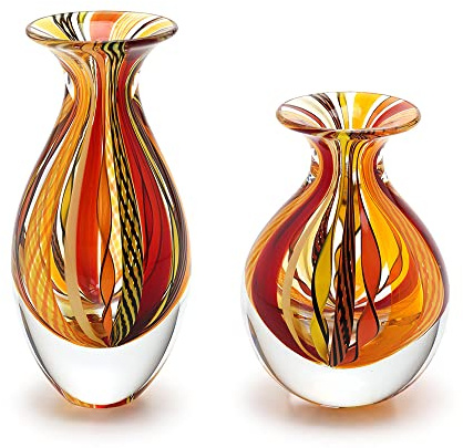 Ca D Oro Kleine Glasvasen Boho mit rot-gelben Stangen, mundgeblasenes Kunstglas im Murano-Stil, Modelle Nr. 2/3, 2