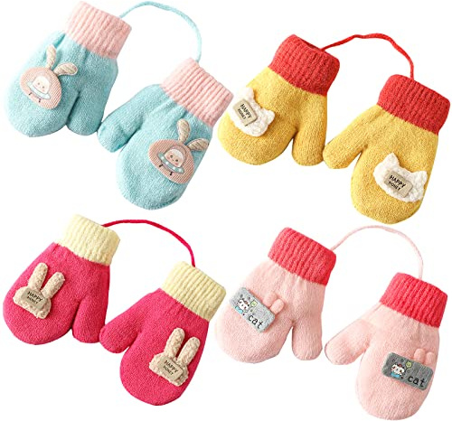 4 Paare Baby Handschuhe Winter, Baby Handschuhe 1-2 Jahre, Strickhandschuhe Kinder, Kinderhandschuhe mit Schnur, Fäustlinge Fleece Fausthandschuhe Kinder für Skifahren Radfahren Outdoor Warm Sport (A)