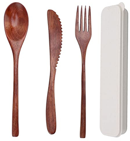 Cubiertos de madera, cuchara de madera reutilizable, tenedor, cuchillo, juego de cubiertos, juego de utensilios de cena portátil con caja de almacenamiento