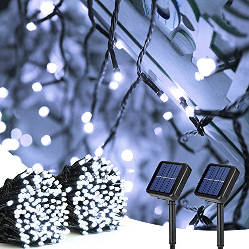 PhilzOps Guirlande Lumineuse Solaire, 2 Pack 20M 200 LED Exterieur Guirlande Solaire 8 Modes Etanche Sapin de Noël Intérieur Blanc Froid Lumière pour Jardin Terrasse Fête Mariage Cour Décoration