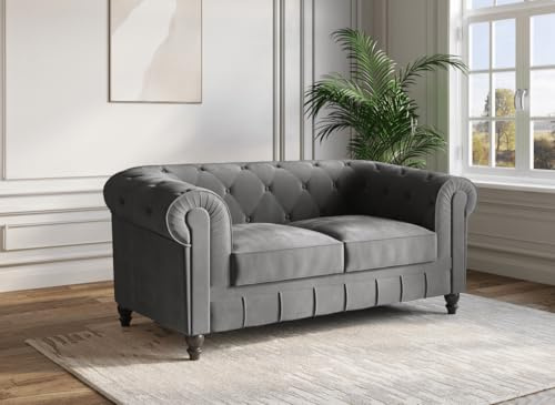 DecoInParis Canapé Fixe 2 Places Velours Gris Chesterfield