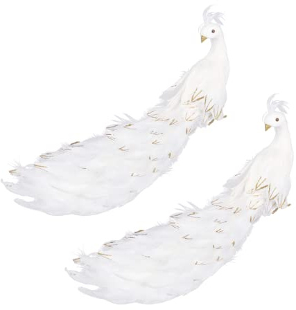 MISNODE 2 Stück weiße Pfauen-Weihnachtsschmuck, 61 cm langer Schwanz, Feder, Pfauen-Clip, Ornament, künstlich gefiedert, glitzernd, Phönix-Weihnachtsschmuck