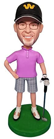 Mydedor Individuelle Wackelkopf-Figuren, männlicher Golfer, violett, Hemd, Puppe, Wackelkopf-Figuren, handgefertigt, personalisiertes Auto-Armaturenbrett, Geburtstagsgeschenk für Vater, Freund,