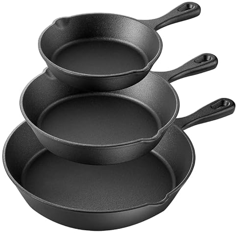 MEETOZ Set di pentole in ghisa di pretrattamento 3 pezzi in ghisa antiaderente – Set di pentole professionali di qualità per ristoranti e chef – 15.2 cm, 20.3 cm, 25.4 cm, cuocere pizza, ecc