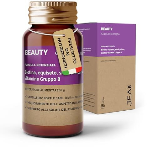 JEA BEAUTY - Integratori Per Capelli, Pelle e Unghie con Biotina Silicio Selenio Zinco Equiseto Vitamina B, Per Crescita e Anticaduta Capelli Uomo e Donna, Vegano - 120 Capsule Alto Dosaggio (4 Mesi)