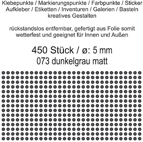 Aufkleber Etiketten Klebepunkte aus Folie 450 Stück grau dunkelgrau matt rund 5 mm selbstklebend farbig wetterfest Decal Markierungen Organisieren DIY basteln verzieren Modellbau Scrapbooking