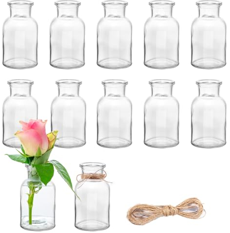 DATEFUN 12 Stück Mini Glasvasen, 125ml kleine Väschen mit Juteschnur, Blumenvasen Tischvasen Glasvasen Dekoflaschen Glasflaschen, Glasfläschchen für Tischdeko Mittelstücke, Hochzeitsdekorationen