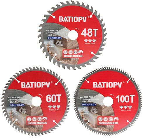 BATIOPV Lama per Sega Circolare 210 x 30 mm, 48/60/100 Denti, 3 Pezzi, per Legno, Truciolare, Compensato, Legno Duro | Compatibile con Dewalt, Makita, Bosch, einhell