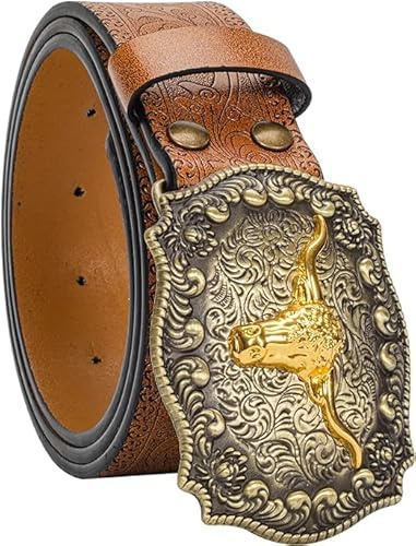 CaySep Western-Cowboy-Cinture per donne e uomini vintage con incisione floreale testa di toro fibbia cowgirl cintura in vita per 64 a 97 cm di vita, Marrone-stile 2, 110cm/For Waist 76cm-86cm