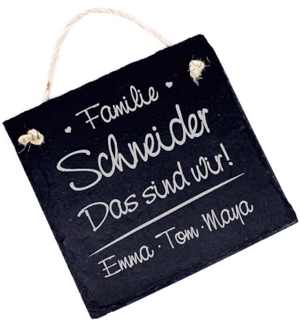 Familie Das sind wir! Familienname Personalisierung Schild Schiefertafel graviert Türschild Eingangstür Willkommensschild 16 x 16 cm