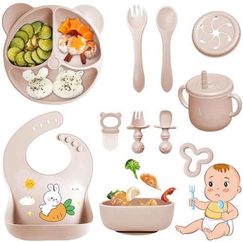 Bizcasa 11 Stück Silikon Baby Geschirrset, Rutschfest Kindergeschirr Set, Kindergeschirr mit Saugnapf, Rutschfest Baby Schüssel,Baby-Teller, Baby-Besteckset für Kleinkinder, BPA Frei (Beige)