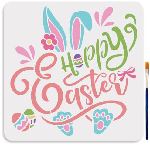 MAYJOYDIY Große „Happy Easter“ Schablonen 30 נ30 cm Wiederverwendbare Osterhasen Malschablonen Eier Mit Pinsel Quadratische Vorlage Mit Osterthema Für Osterparty Geschenke Holz Wand Möbeldekor
