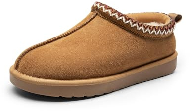 DREAM PAIRS Pantofole Comode da Donna in Vera Pelle per Interni ed Esterni, Carine e Calde Scarpe Invernali Slip-on, Morbide e in Memory Foam FuzzyEasy,Size 43,Castagna,SDSL2412W