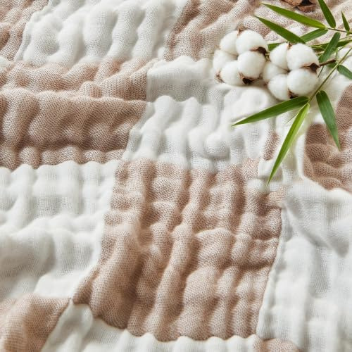 EMME Musselin Decke 100% Baumwolle 200x230 Schachbrett Beige Tagesdecke | 4-Lagig Weiche Atmungsaktive Sofadecke & Überwurf Für Erwachsene Ganzjährig Vorgewaschen Couch Bettdecke