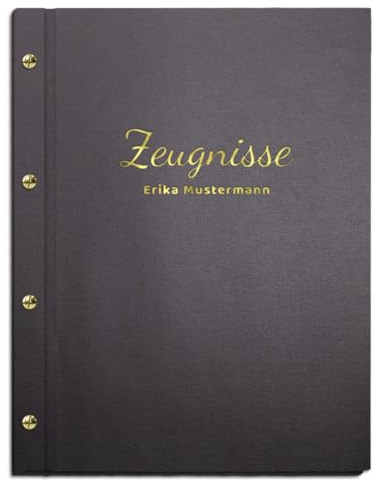 Handgefertigte Zeugnismappe mit eigenem Namen in schwarzer Leinenoptik | für Zeugnisse in DIN A4 - inkl. 12 Sichthüllen - handgefertigt und personalisierbar mit eigenem Namen