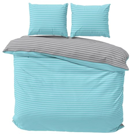 Visaggio Premium Bettwäsche 200x200 cm Türkis Grau Damast Streifen Bettbezug Wendebettwäsche Deckenbezug 70% Baumwolle 30% Polyester 3 teilig