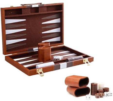 Backgammon Intarsienholz-Spiel für Erwachsene, 2 Spieler, mit hochwertigem Lederetui, tragbar und reisefreundlich