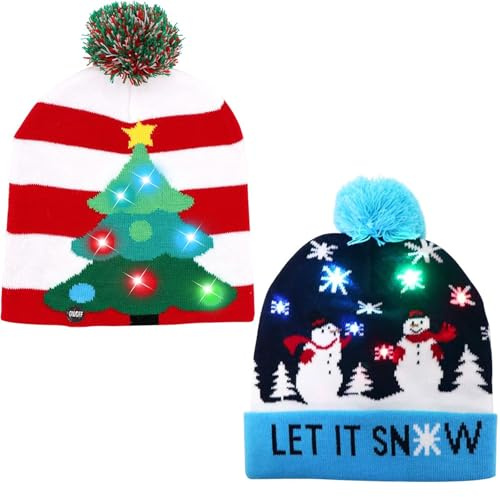 EKKONG 2 Stück Weihnachtsmütze LED Mütze Mit LED Licht,Warme Wintermütze Strickmütze Weihnachtsmützen Plüsch,für Unisex Kinder Erwachsene Weihnachtsfeier Winter Xmas Urlaub Mütze