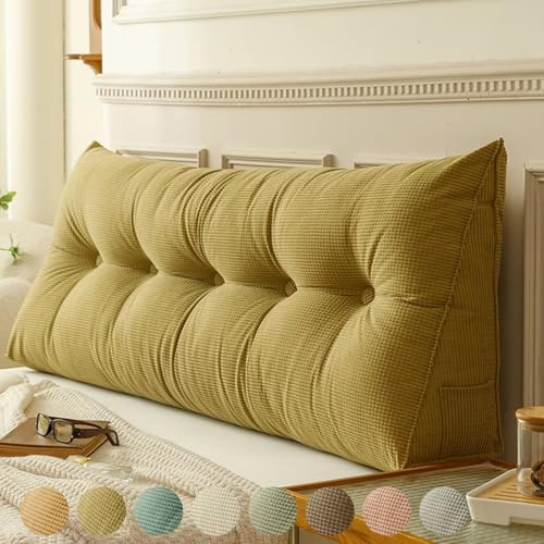 Rückenkissen Bett Gelb 60cm, Groß Lesekissen für Bett und Sofa, Cord Bettkissen Rückenlehne Rückenpolster Keil Kopfteil Kissen, Dreieckige Rückenstützkissen Keilkissen Lendenkissen Kopfkissen