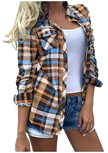 Women Plaid Shirt Clearance Tartan Flannel Shirts Checked Lapel Long Sleeve Button Down Shirts Office Work Blouses Fall Lightweight Comforty Jackets Casual Loose Coats Boyfriend Tops UK Size S-XXL