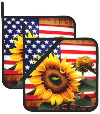 YHBLYKXP Set di 2 presine con stampa di girasole e bandiera americana, presina resistente al calore, per barbecue