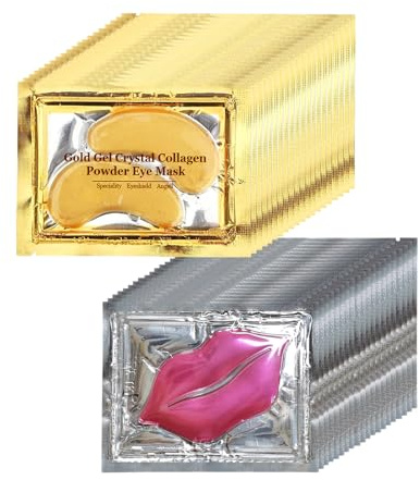 Ruzzut 40 Pairs Pink Lip Masks & Eye Masks, 24K Gold Gel Collagen Eye Patches for Puffy Eyes, Dark Circles, Wrinkles and Eye Bags, Moisturizing Crystal Mask Set for Women Men