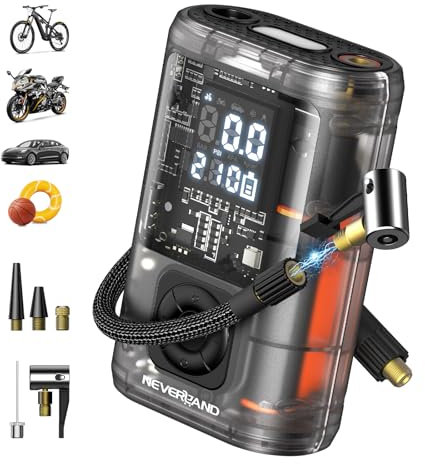 NEVERLAND Fahrradpumpe Elektrische Luftpumpe Akku - 150 PSI Tragbare Akku Kompressor für Auto, Motorrad, Fahrrad & Bälle, mit alle ventile, U-Schloss, 3 Modi LED-Licht, Auto-Off, Digital Display