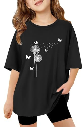 Vuncio T Shirts Kids Girls Short Sleeve Summer Crewneck Tshirts Teenage Girls Trendy Graphic Cartoon Cute Casual Jogging Athletic School Children Tunic Tops Age 3-14 Years (Black, 11-12)