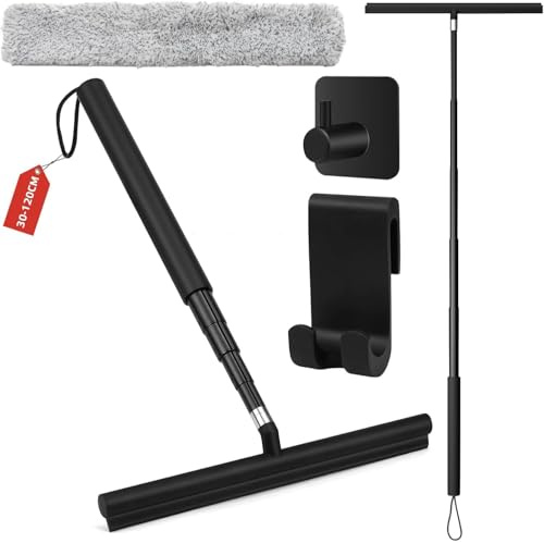 Ausziehbarer Duschabzieher Schwarz, Abzieher Dusche mit 30-120cm Teleskopstiel Fensterabzieher mit Edelstahlkern, Bodenabzieher & Wasserschieber für Badezimmer, Dusche, Fenster Putzen