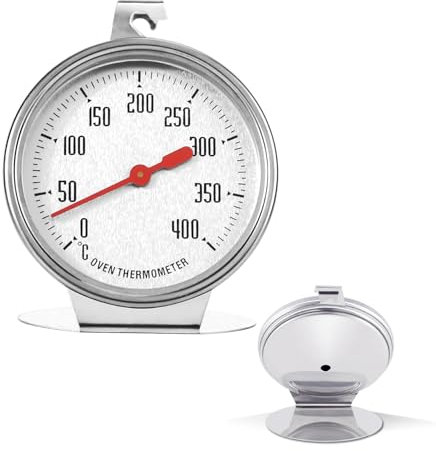 Termómetro para Horno en Acero Inoxidable con Dial Grande - Rango 0-400°C, Ideal para Hornear, Cocinar y Barbacoa - Compatible con Hornos Eléctricos, de Gas y de Leña
