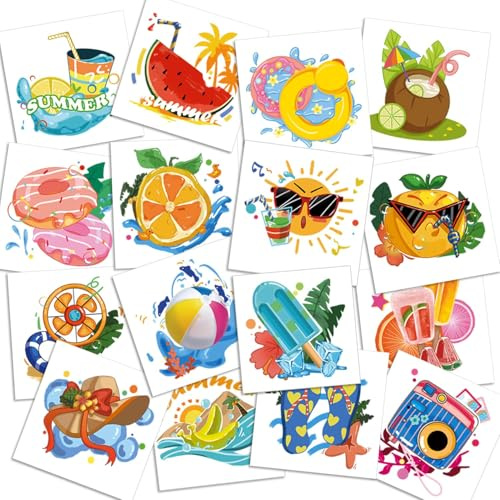 Autocollants De Tatouage D’Été, Tatouage Temporaire Enfant, Motif Fruits D'été, Tatouage Paillettes Enfant, Autocollants De Tatouage De Fête De Piscine Pour Enfants, pour garçons et filles (B)