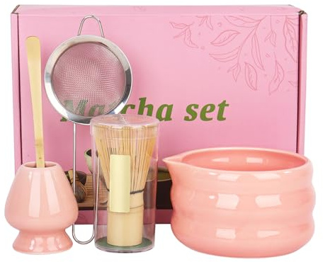 5er Set Matcha Set mit Matcha Besen und Schale Sieb, Matcha Besen set Matcha Zubehör(Rosa)