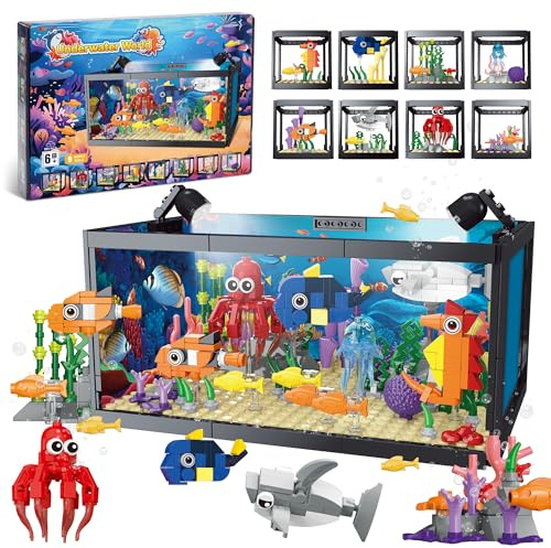 TectoStrux 8-in-1 Aquarium-Baustein, Meeresaquarium-Baustein mit LED-Licht, einschließlich Meeresquallen, Fischen, Tierbauspielzeug, Geburtstags Geschenk für Kinder Jungen Mädchen ab 6+ Jahren